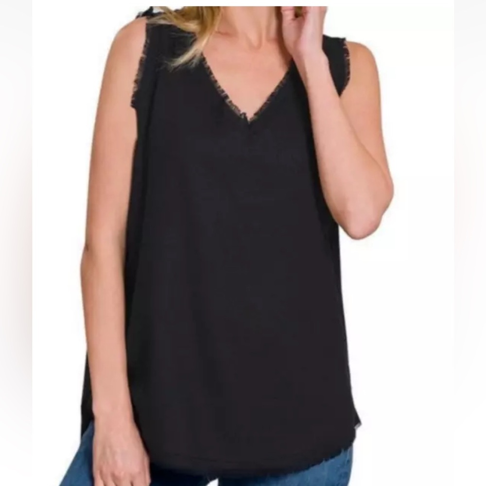 NWOT - ZENANA LINEN FRAYED EDGE BLACK V-NECK TANK TOP - SMALL